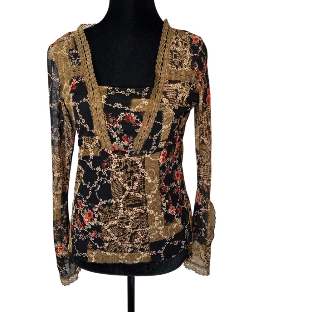 Womens M Black Floral Lace Trim Sheer Y2K Boho Mesh Long Sleeve Top